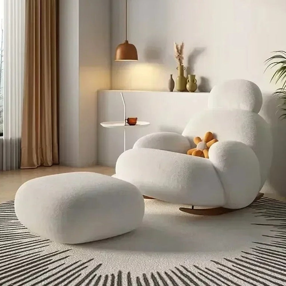 Fauteuil à bascule en tissu moelleux blanc, modèle 2 avec repose-pieds