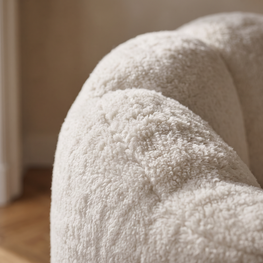 Gros plan sur la peluche à poils longs de l'accoudoir du fauteuil bas