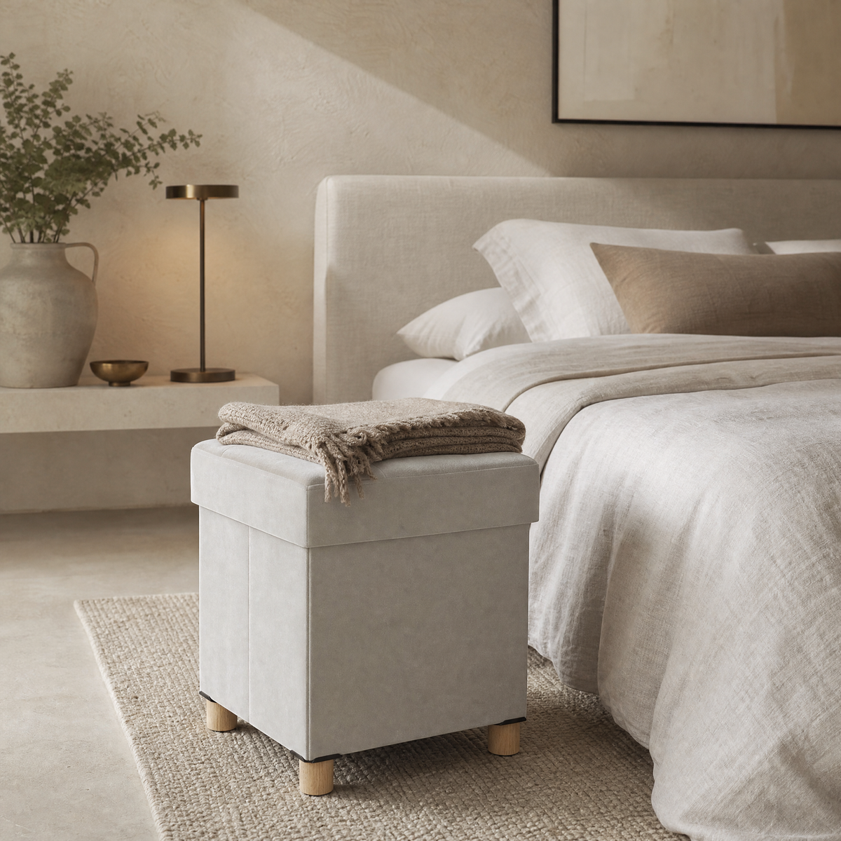 Pouf coffre en velours au pied d'un lit