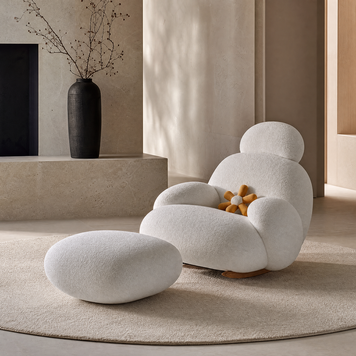 Fauteuil à bascule en tissu moelleux blanc dans un salon