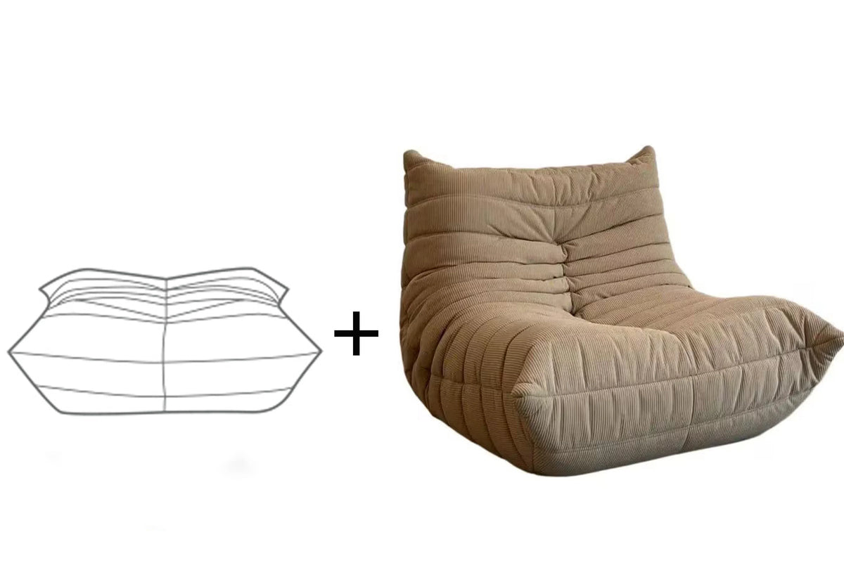 Chauffeuse basse en velours côtelé taupe avec repose-pieds