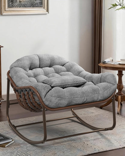Fauteuil papasan à bascule, coque marron et coussin gris