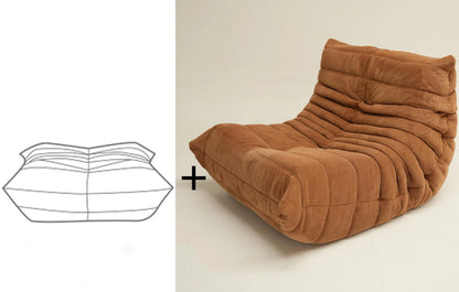 Chauffeuse basse en velours côtelé caramel avec repose-pieds