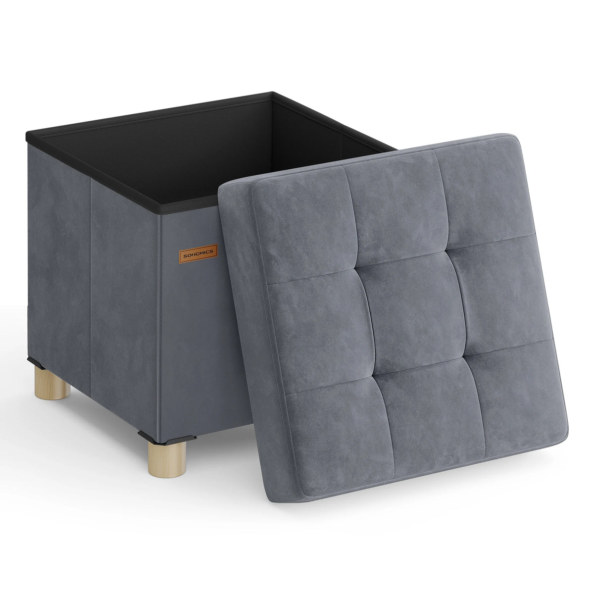 Pouf coffre pliable en velours gris ardoise