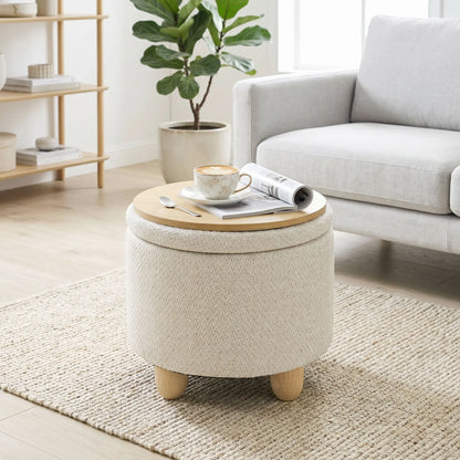 Pouf coffre rond effet jute beige à couvercle réversible, côté plateau bois