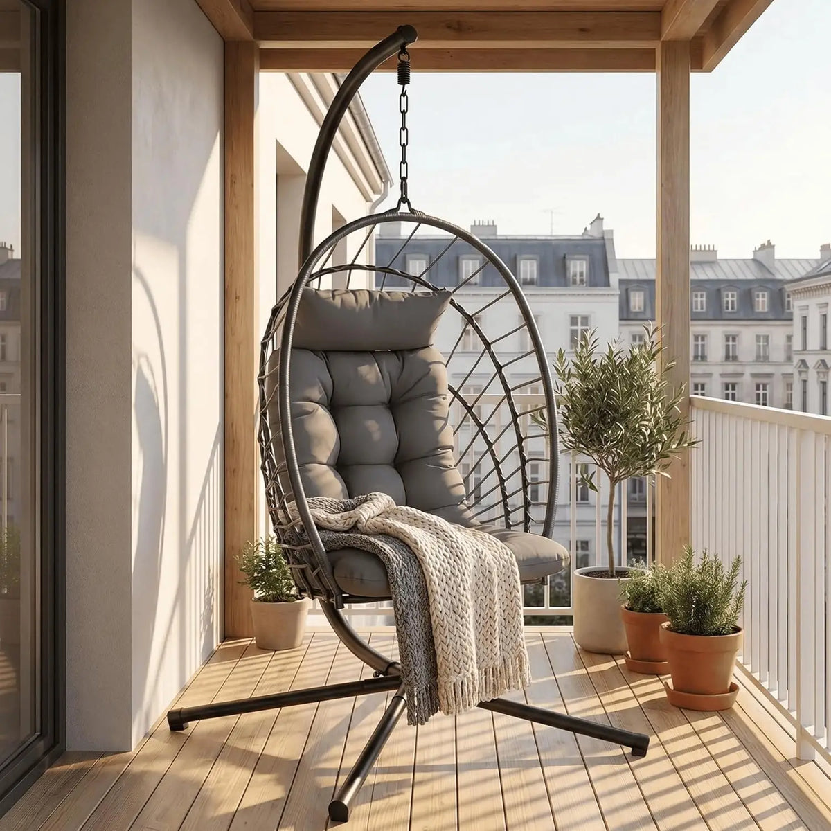 Fauteuil œuf suspendu avec support, coloris gris foncé