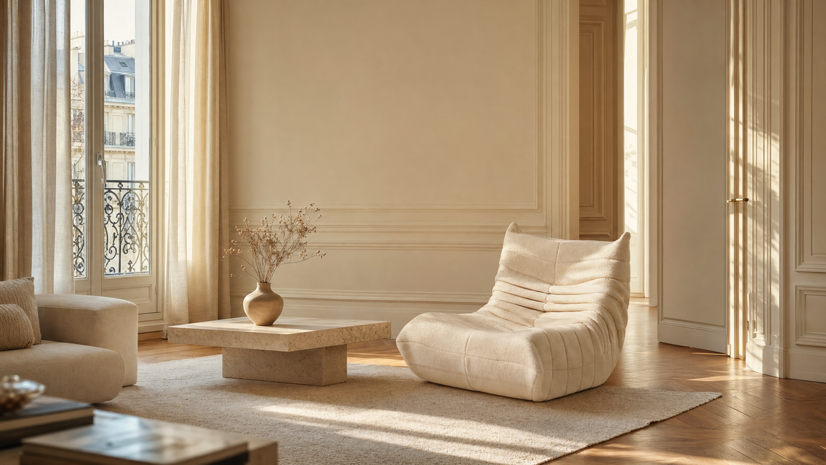 Pouf écru Cocooza dans un salon haussmannien lumineux