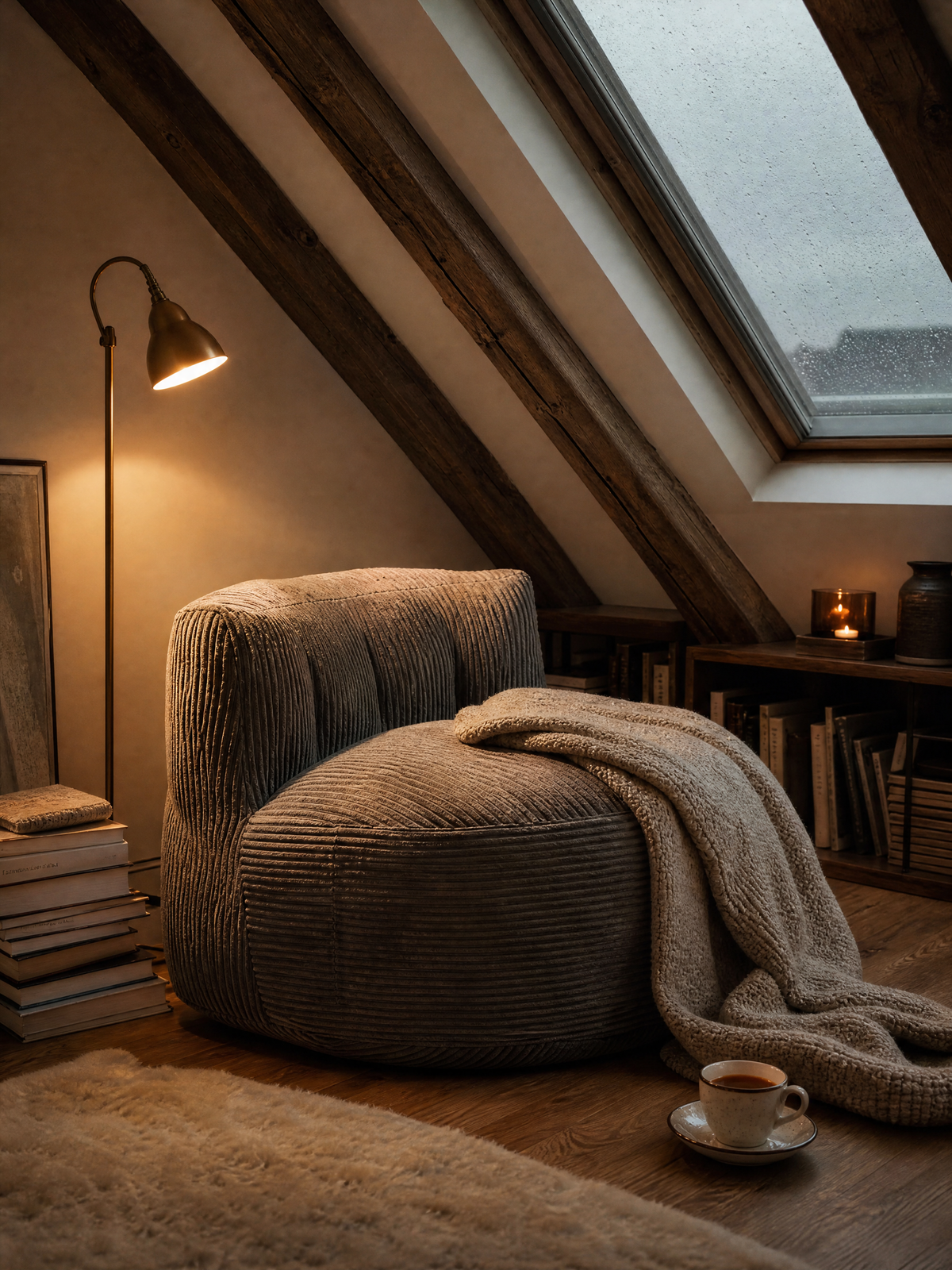 Pouf poire en flanelle dans un appartement parisien sous les toits