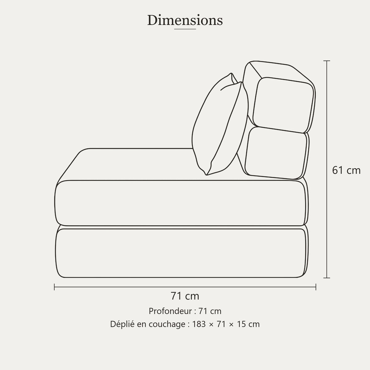 Dimensions du fauteuil convertible 4 en 1 : 71 x 71 cm, hauteur 61 cm, déplié 183 x 71 x 15 cm