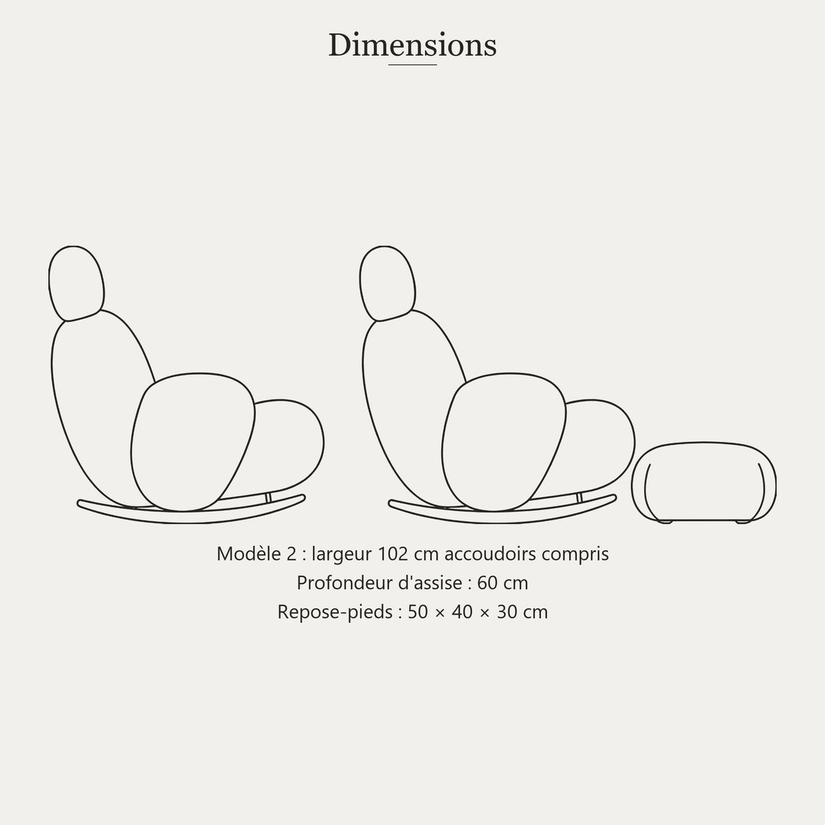 Dimensions du fauteuil à bascule blanc, modèle 2 avec repose-pieds