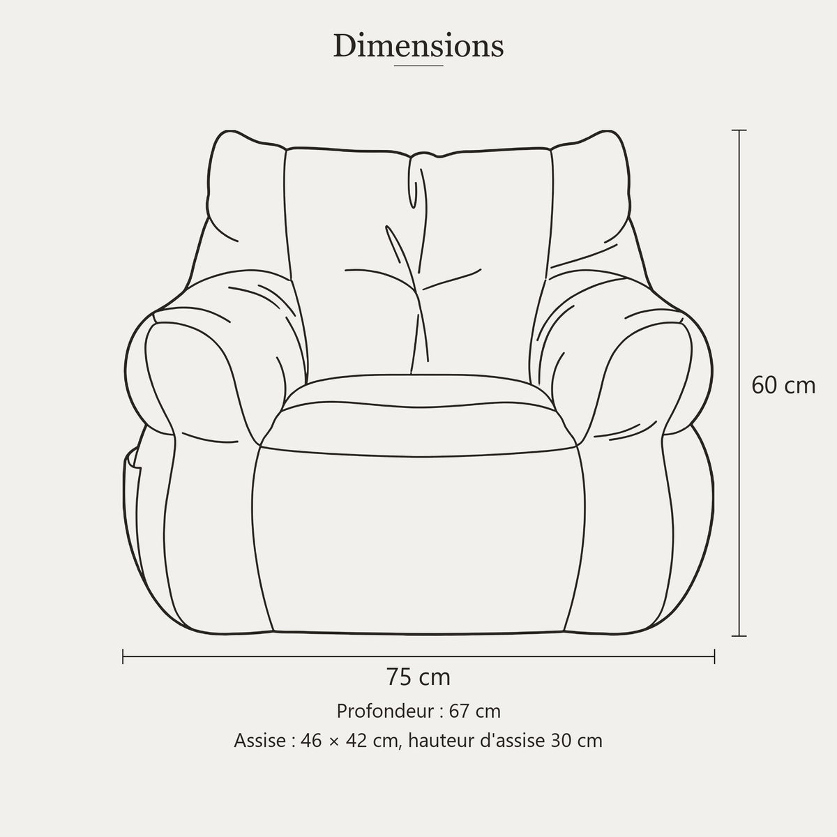 Dimensions du fauteuil bas bouclette : 75 x 67 cm, hauteur 60 cm