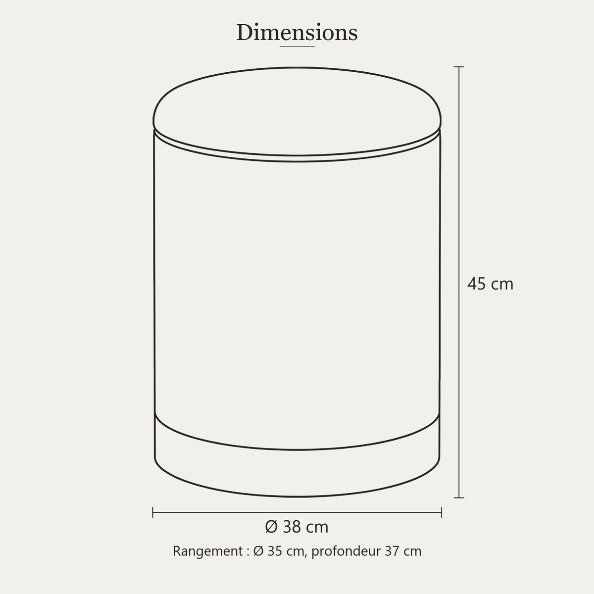 Dimensions du pouf coffre en chenille : diamètre 38 cm, hauteur 45 cm