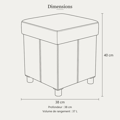 Dimensions du pouf coffre en velours : 38 x 38 x 40 cm