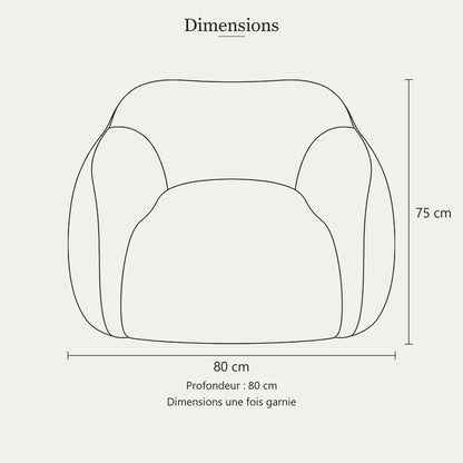 Dimensions de la housse de pouf garnie : 80 x 80 cm, hauteur 75 cm