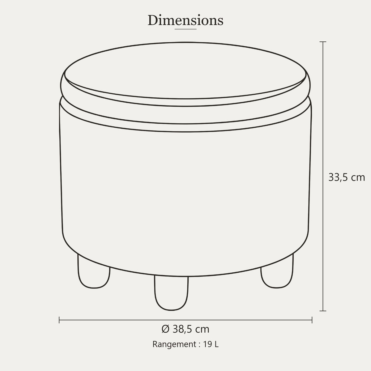 Dimensions du pouf coffre effet jute : diamètre 38,5 cm, hauteur 33,5 cm