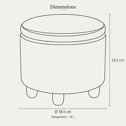 Dimensions du pouf coffre effet jute : diamètre 38,5 cm, hauteur 33,5 cm