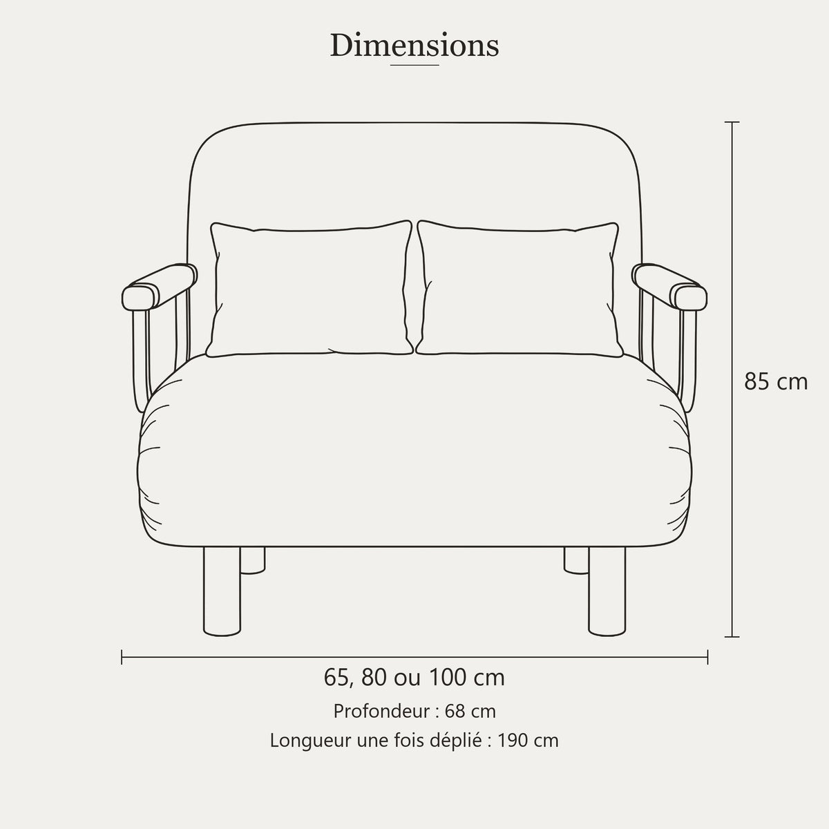 Dimensions du fauteuil-lit : largeur 65, 80 ou 100 cm, profondeur 68 cm, hauteur 85 cm, 190 cm déplié