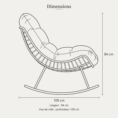 Dimensions du fauteuil œuf à bascule : largeur 94 cm, profondeur 109 cm, hauteur 84 cm