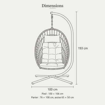 Dimensions du fauteuil œuf suspendu : hauteur totale 193 cm, pied 100 x 106 cm