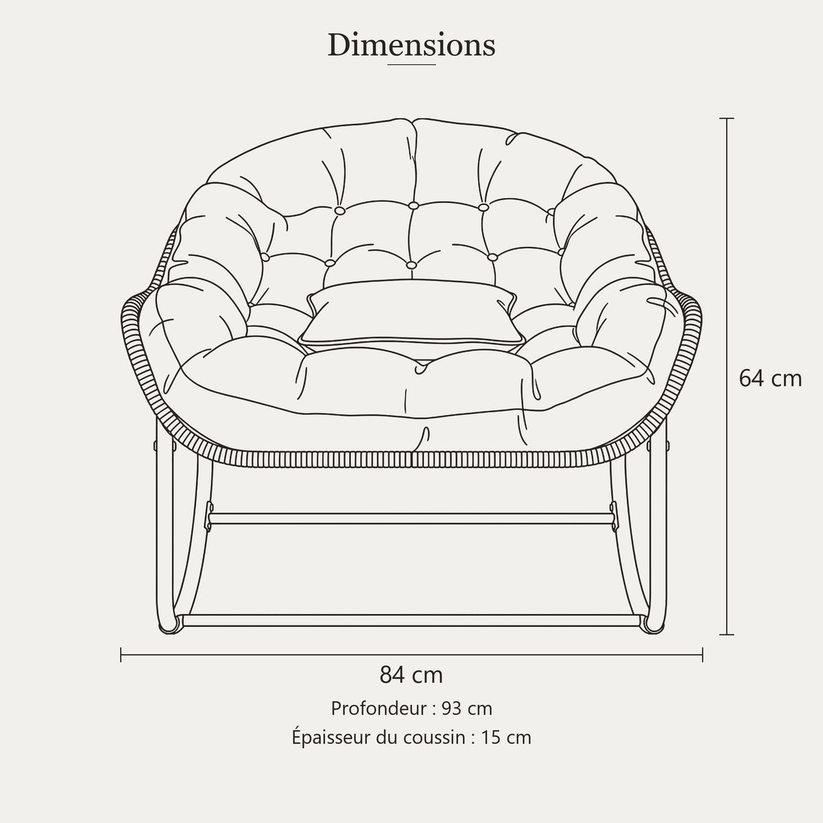 Dimensions du fauteuil papasan à bascule : largeur 84 cm, profondeur 93 cm, hauteur 64 cm