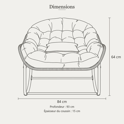 Dimensions du fauteuil papasan à bascule : largeur 84 cm, profondeur 93 cm, hauteur 64 cm