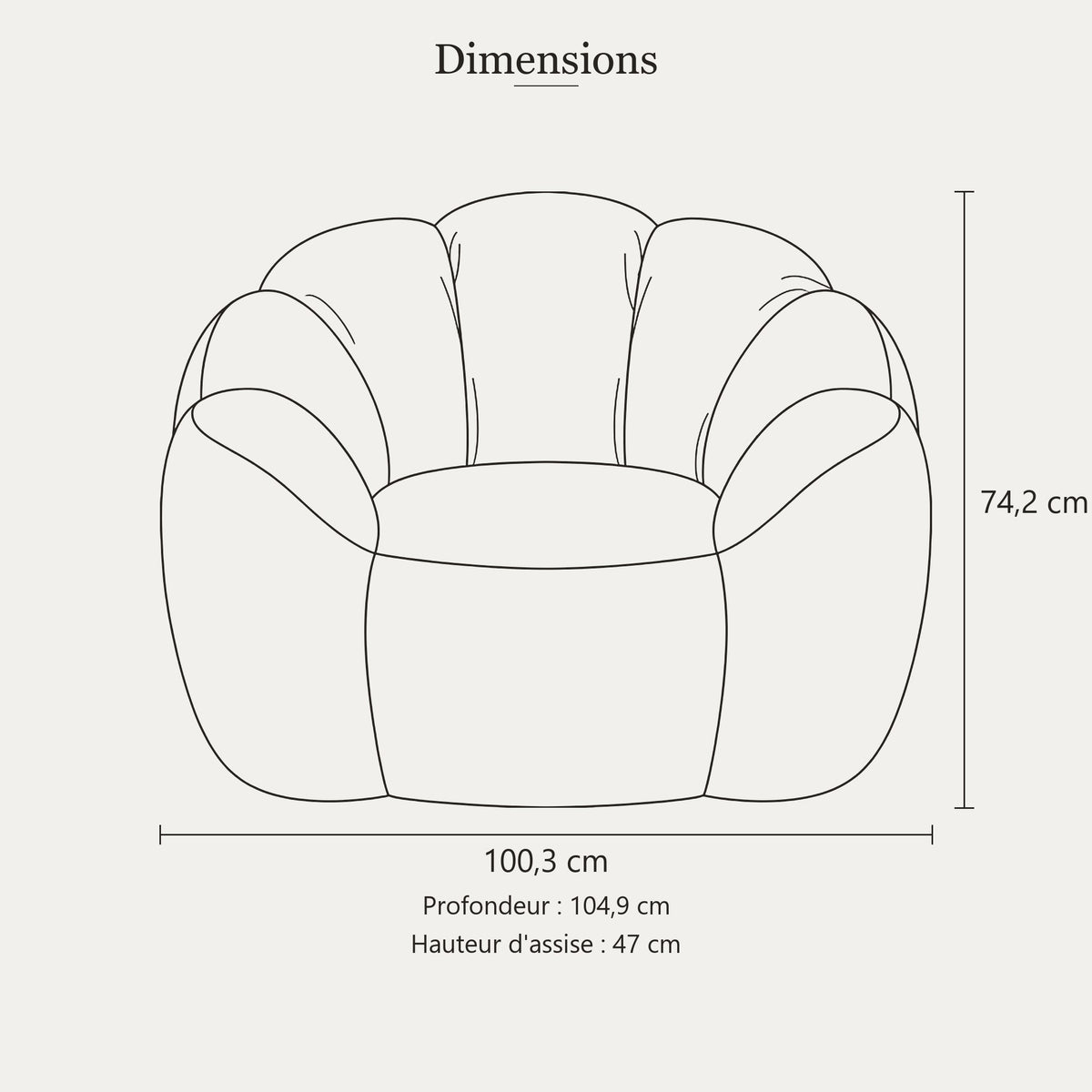 Dimensions du fauteuil bas en peluche : largeur 100,3 cm, profondeur 104,9 cm, hauteur 74,2 cm