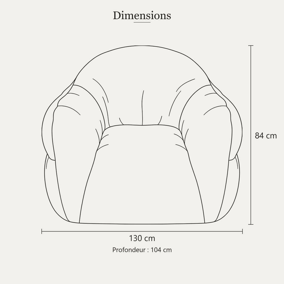 Dimensions du pouf poire XXL à accoudoirs : 130 x 104 cm, hauteur 84 cm