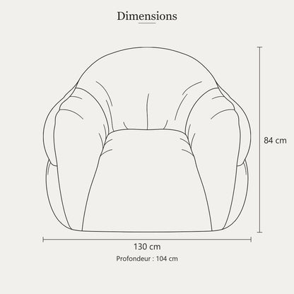 Dimensions du pouf poire XXL à accoudoirs : 130 x 104 cm, hauteur 84 cm