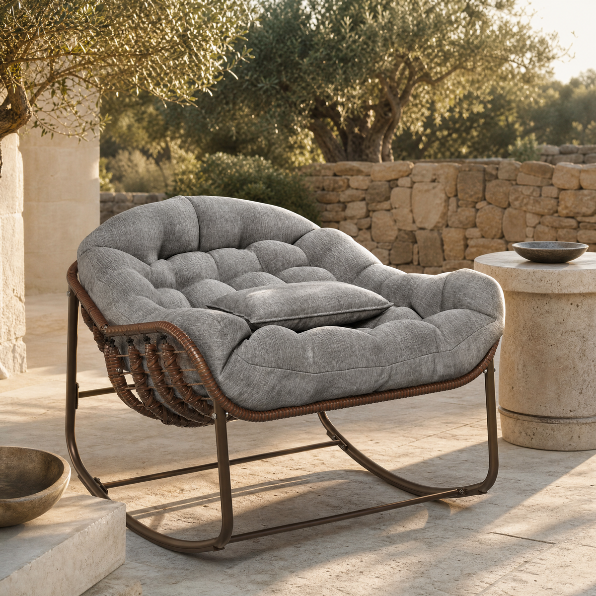 Fauteuil papasan à bascule sur une terrasse en pierre