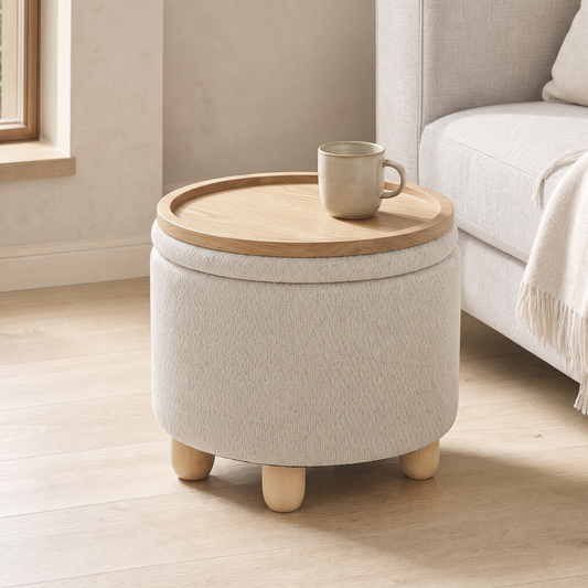 Pouf coffre rond avec son couvercle retourné côté plateau bois et ses pieds en hévéa